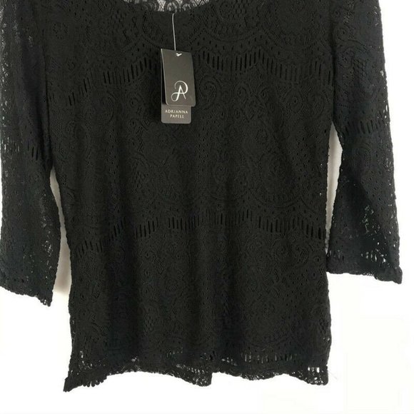 Andrianna Papell Womens Shirt Size Medium M Black Lace 3/4 Sleeve Blouse NEW - Picture 6 of 8